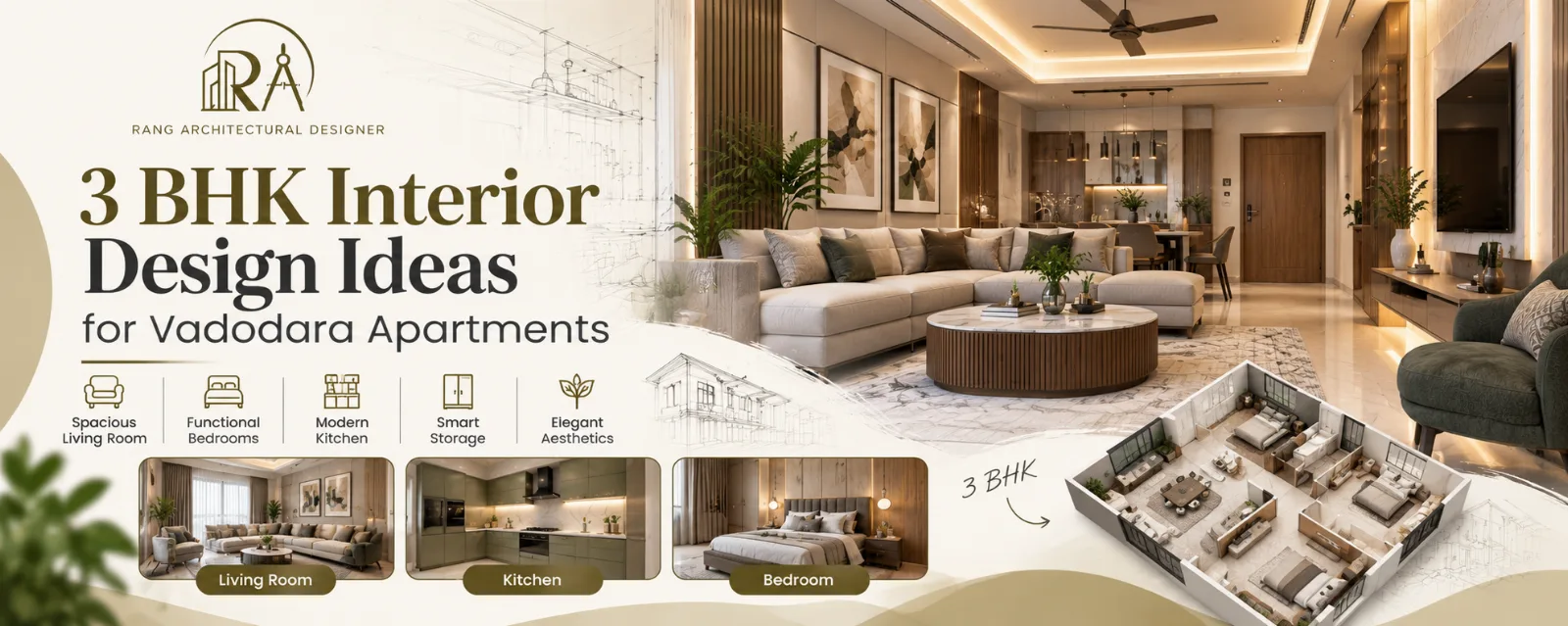 Living room with TV unit and false ceiling in a Vadodara 3 BHK