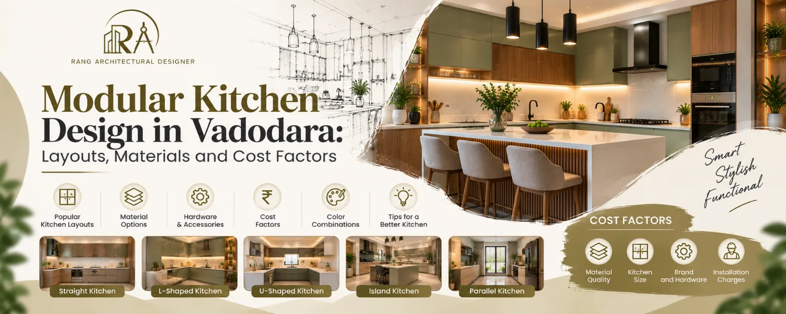 Modular kitchen design with grey and blue shutters in a Vadodara home